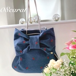 新作　数量限定　デニムバッグ　デニム巾着バッグ　リボンバッグ　刺繍バッグ　さくらんぼ　母の日　プレゼント　巾着バッグ　