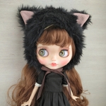 再出品555.※黒のふわふわファーの猫耳の帽子※ブライスアウトフィット※