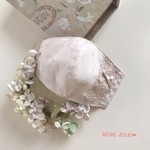 💓ワイド幅　オフホワイト×ベージュ五月雨　ミニピンクつる薔薇コットンプリントと接触冷感ガーゼで作った立体マスク　幅広ベージュコットンリネンレース　淡ベージュリボン通し&リボン　ポケットタイプ
