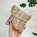 インド刺繍リボンのミニ蓋付きポーチ　ミラーワーク風イエロー
