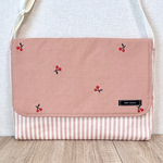 図書袋　チェリー刺繍×スモーキーピンクストライプ