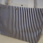 ダブルフェイス深めトート☆ネイビーストライプ☆帆布＆本革タグ