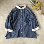 New:綿100%✴︎柔らか国産ダンガリーデニム✴︎ サイドスリットのふわっとスリーブギャザー切り替えブラウス