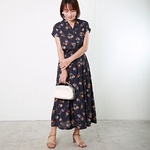 フラワープリント スキッパー ワンピース　ネイビー　0399NV