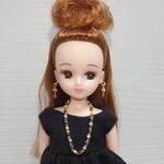 208リカちゃん ロングネックレスとピアスのセット（マルチカラー紫系）0430