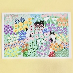 【2枚set】猫と花畑ポストカード＊ミントグリーン＊148×100㎜ハガキサイズ