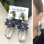 【2点のみ】シルバー×ブルー フラワー 大ぶり クリア ハンドメイド ピアス イヤリング