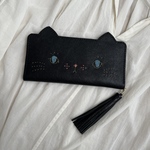 【受注制作】ねこのお顔 ビーズのお目々ver.　青い目の黒猫 ぺたんこ長財布　牛ソフトヌメ革