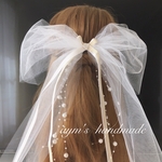 【選べるカラー全22色】パール流れるふんわりチュールリボン　ウェディング ヘアアクセサリー　結婚式 ブライダル 卒業式 成人式 袴 発表会 サイズ変更対応