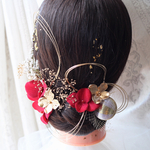 new☆ドライフラワー ヘッドパーツ ウェディング 成人式 卒業式 赤 レッドゴールド髪飾り ヘアパーツ プリザーブドフラワー 振袖 着物 袴　和玉　玉かんざし　水引