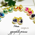 再販40回以上 14mm.e・gypsophila princessかすみ草とパールのガラスドーム選べるイヤリングorノンホールピアス