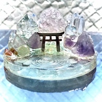 ✨春の森の湖✨浄化のオブジェ✨オルゴナイト✨鳥居　アクアマリン　ローズクォーツ　シトリン　アメジスト　フローライト　水晶