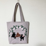 【受注制作】バラ園の音楽猫のアップリケバッグ　底板付き　空間刺繍オプション有り