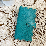 ◆受注生産◆牛革 薔薇型押し ターコイズ 手帳型 スマホカバー　スマホケース　本革　ローズ