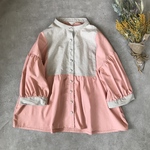 New:柔らか*コットンリネン*フロント切り替えのパフ袖✳︎くるみ釦ブラウス（ローズピンク×生成り）