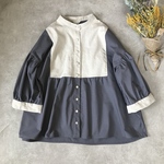 New:柔らか*コットンリネン*フロント切り替えのパフ袖✳︎くるみ釦ブラウス（ダークグレー×生成り）