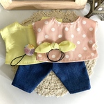 ピンクドット・イエローのトップス2着&デニムパンツ&ヘアアクセ2個セット ＊メルちゃん ソランちゃんの服＊