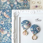 【2way】William Morris 『Strawberry Thief/いちご泥棒』とローズクォーツのくるみボタンピアス/イヤリング◇ Liberty Fabric/14kgf有り
