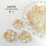  〔4pcs〕ピンク×イエロー　フラワーカボション　ビオラ　パンジー　クリア　金箔