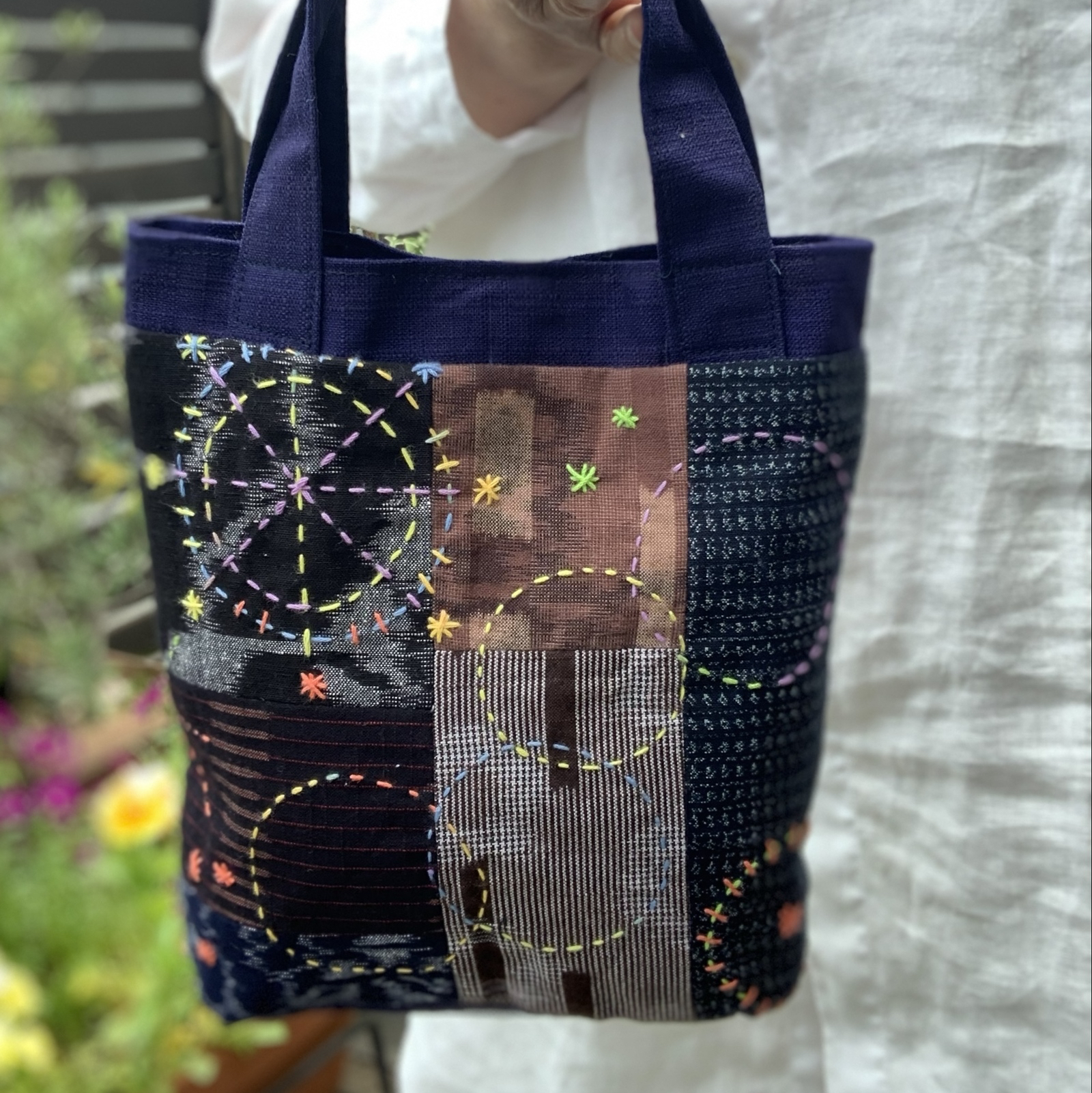 ✴︎✴︎久留米絣✴︎✴︎藍染絣パッチワーク&刺し子 和の手さげ