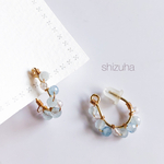 フープイヤリング＊アクアマリンとクリスタル　天然石　ノンホールピアス