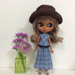 ブライス・りかちゃんのハンドメイド洋服*ブルーチェック柄のトップスとスカートのセット