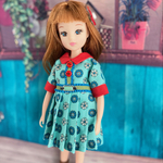 復刻版初代リカちゃんサイズミニ丈レトロワンピース(Retro flower Bleu givré)お花のヘアピン付き２点セット