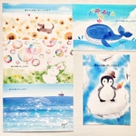 🐳透明水彩画　夏ポストカー5枚セット イラスト　ポストカード　暑中見舞い　残暑見舞い　暑中見舞いハガキ　残暑見舞いハガキ　メッセージカード　ひまわり　ヒマワリ　海　クジラ　ペンギン　うさぎ　犬