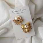 【再販】『clear bijou flower』 真鍮 フラワー 粒々 クリアビーズ パール 大ぶり ピアス イヤリング 
