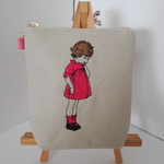 たて型可愛いフランスの女の子刺繍の帆布のポーチ１２㎝たて　ピンク