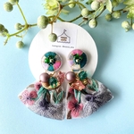 【緑×ピンク×薄紫】2way丸刺繍ピアス(イヤリング)