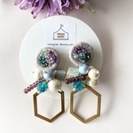  【淡い紫×グリーン×パープル】2wayまん丸ビーズ刺繍ピアス(イヤリング)