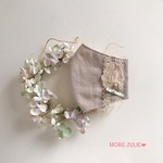 💓ワイド幅　エアータンブラーハーフリネン ベージュと接触冷感コットンスライスで作った立体マスク　ベージュ×ラメコットンレース&ヴィクトリアン調レースモチーフR ふた粒パールビーズ+リボン　Pタイプ