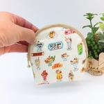 【再販】ハーフラウンド型ポーチ☆喫茶店&花柄　昭和レトロ（ナチュラル）
