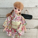 リカちゃん服  着物 【百花繚乱紅梅色×檸檬帯×レース】 リカちゃん着物
