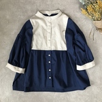 New:柔らか*コットンリネン*フロント切り替えのパフ袖✳︎くるみ釦ブラウス（紺青×生成り）