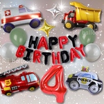 【4歳】お誕生日はたらくくるまバルーンセット レッド＆ブラック 男の子 赤 数字風船 車 消防車 パトカー ダンプカー 救急車 バースデーパーティー 働く車 ショベルカー クレーン車