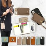 スマホケース スマホカバー iPhoneケース スマホショルダー ストラップ【レザー×カード入れ ミラー ロングストラップ付き×イニシャル】