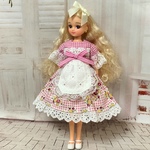 エプロン付きワンピース　チェック花柄　ピンク系　ブライス、リカちゃん