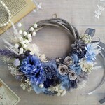 Lune Bonheur＜muguet bleu＞＊１点もの特別価格＊スズラン＊ハーフムーンリース＊プリザーブドフラワー＊お花＊サムシングブルー＊お花＊ギフト＊結婚祝い＊新築祝い＊お誕生日祝い