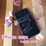 本格デニム生地★iPhone手帳型ケース★3色マカロンのチャームつき