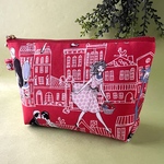 街と女の子柄（赤）ファスナーポーチ 化粧ポーチ マスク入れ プチギフト
