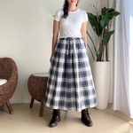ロングプリーツスカート♪コットンシワ加工素材（白紺タータンチェック）