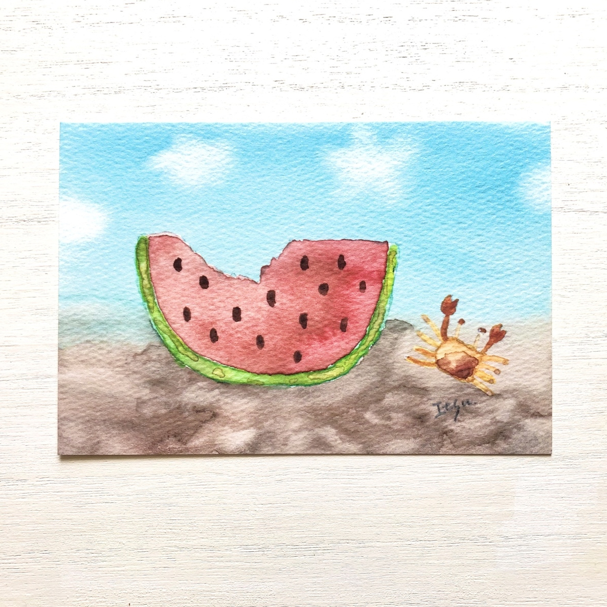 🍉透明水彩画「スイカを食べたカニ」イラストポストカード2枚