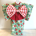 小型犬☆猫用着物矢絣椿柄(緑)Lサイズ