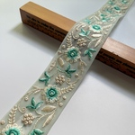 約5cm幅/刺繍リボン/カラーチュール/エメラルドグリーン/花刺繍/ワントーン