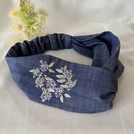 柔らかいつけ心地＊刺繍ヘアターバン(紫陽花パープル・デニム風ブルー)