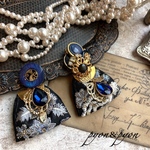 3way❁⃘vintage button𓆸⋆*ブルーパープル＆ブラック❁⃘インド刺繍リボン❁⃘ピアス＊イヤリング