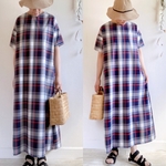 𝓃ℯ𝓌𓂃𓂃レトロな雰囲気先染コットンチェックの夏のふんわりプルオーバーワンピース/ネイビー/グリーン