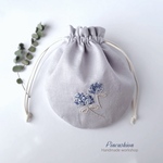 ポーチ【紫陽花】（直径約16cm ）リネン　刺繍　まんまるポーチ　丸型巾着　